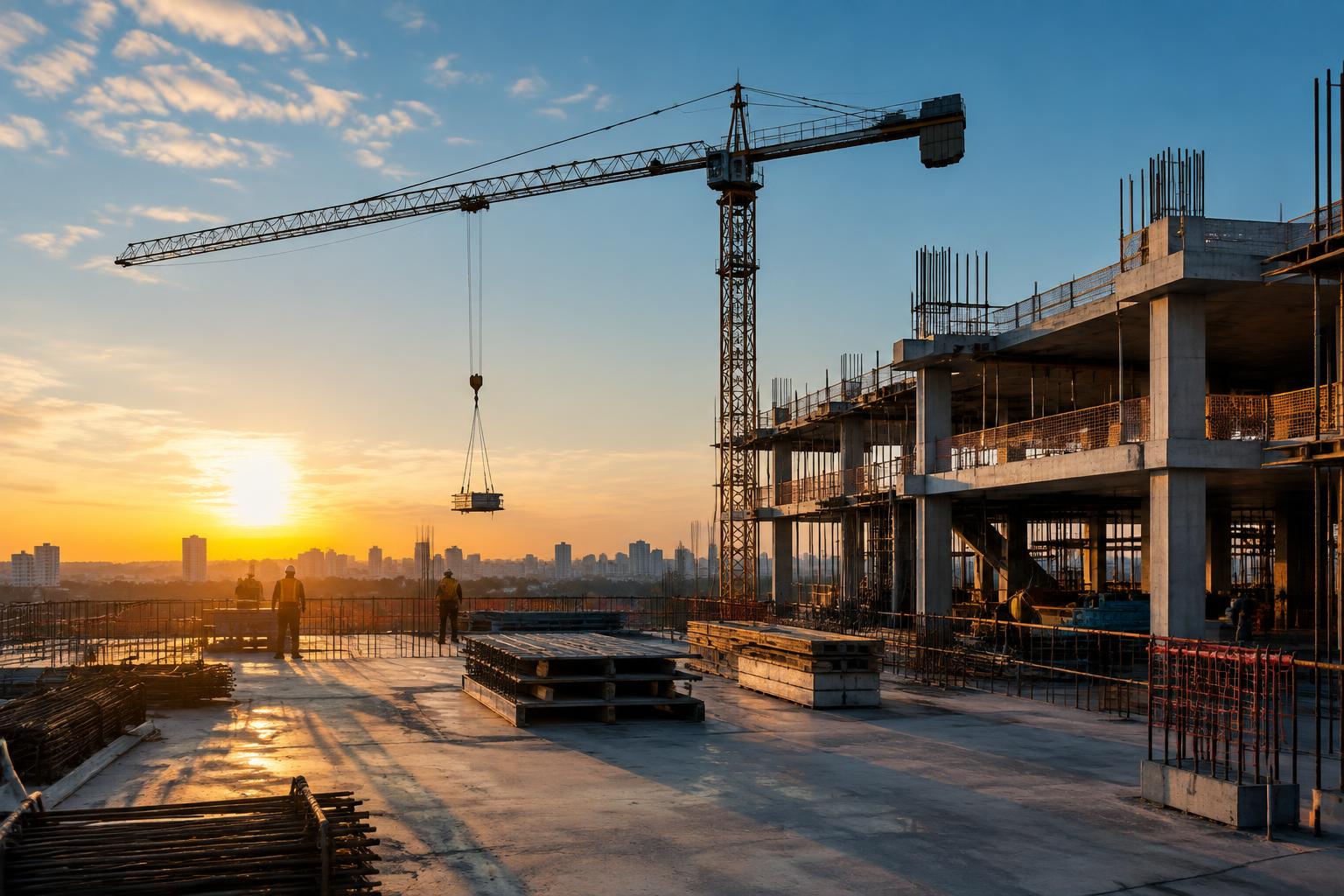 Canteiro de obras contemporâneo ao amanhecer — imagem ilustrativa